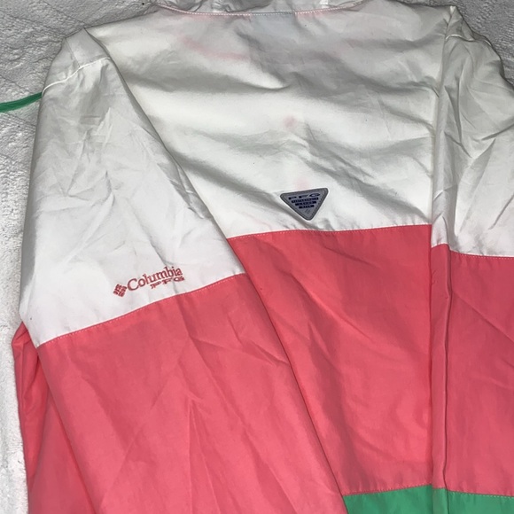 Columbia PFG Women's M White Green Pink Striped Pullover Hooded Windbreaker - Picture 6 of 16